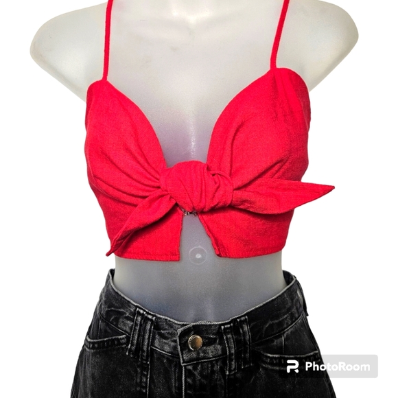 Morning Mist Red Strappy Crop Front Tie Top Sz 10 M - Picture 2 of 10